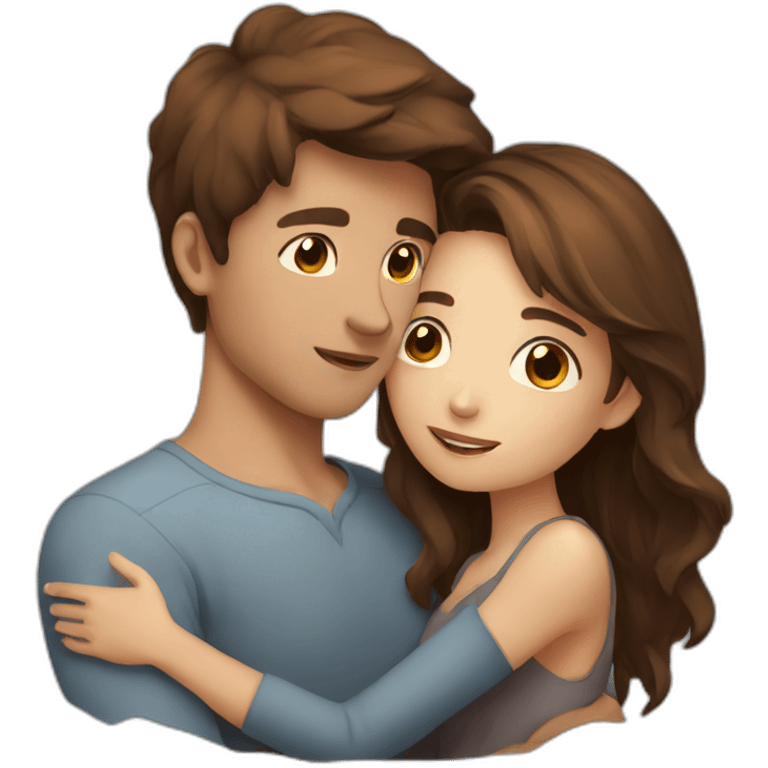 Beautiful Girl with long brown hair and boy with short brown hair cuddling at night emoji