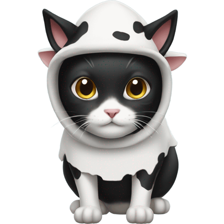 black and white cat wearing cow costume emoji