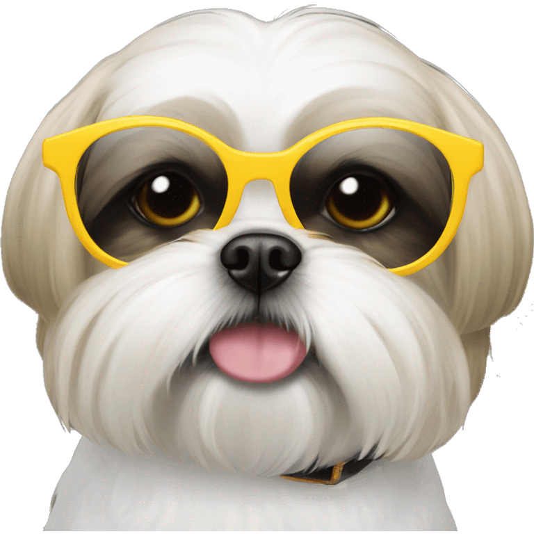 White shihtzu wearing circle sunglasses with yellow rim emoji