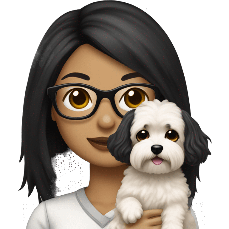 Tan skinned woman with black straight hair and black glasses holding white MaltiPoo dog emoji