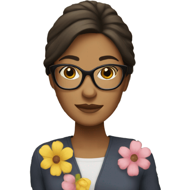 Brunette white woman with glasses holding flowers emoji