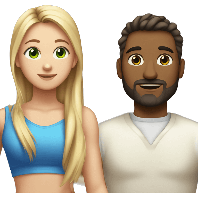 left a young woman with straight Brown hair in a ponytail, sportive figure, sunkissed skin, Green eyes an right a taller man who is standing Next to her, blonde straight hair in a ponytail, blue eyes, 3 days beard, sunkissed skin emoji