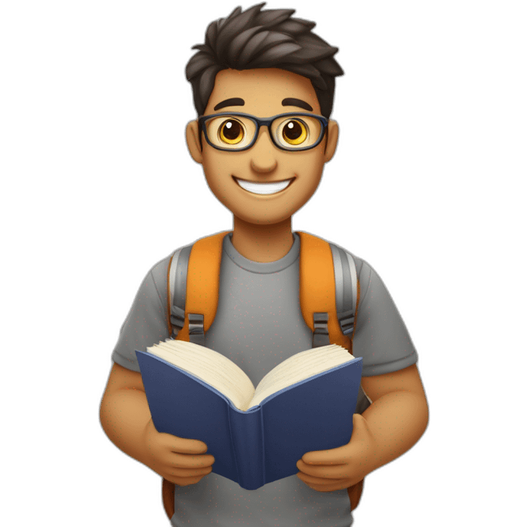 joven estudiante con muchos libros, sonriente y muy feliz con un libro en sus manos y en su cabeza, junto a muchos libros y una lampara y un libro en su cabeza emoji