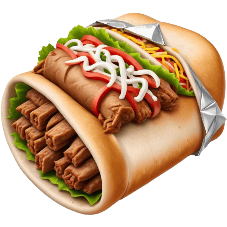 Doner Kebab Cinematic Realistic Doner Kebab Dish Emoji, depicted as iconic, spiced meat wrapped in foil and paper, rendered with lifelike textures and dynamic, appetizing lighting. emoji