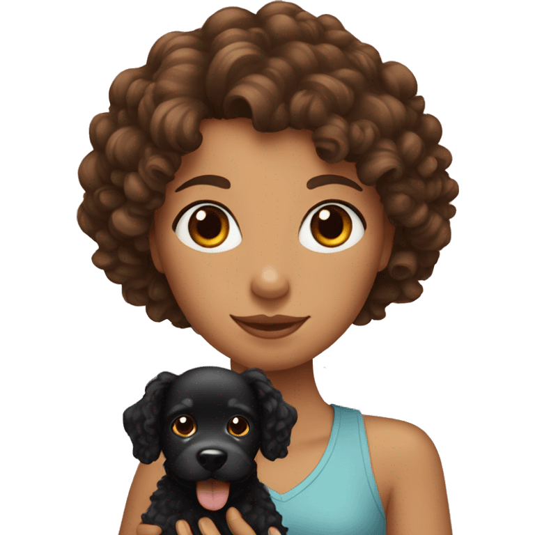 brown curly hair lady with little black dog emoji