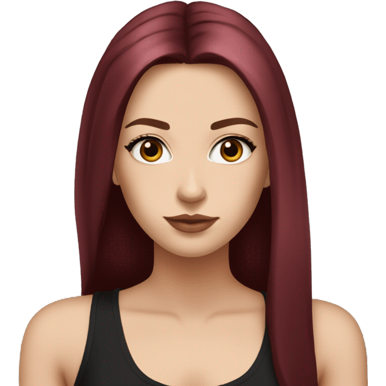 white girl, long straight middle part burgundy hair, brown eyes, long eyelashes, full lips, black tank top emoji