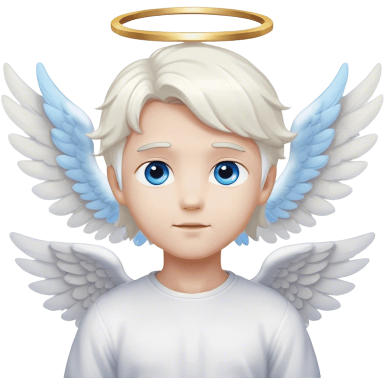 Cute angel boy with white hair, white angel wings, a halo above her head and blue eyes, emoji