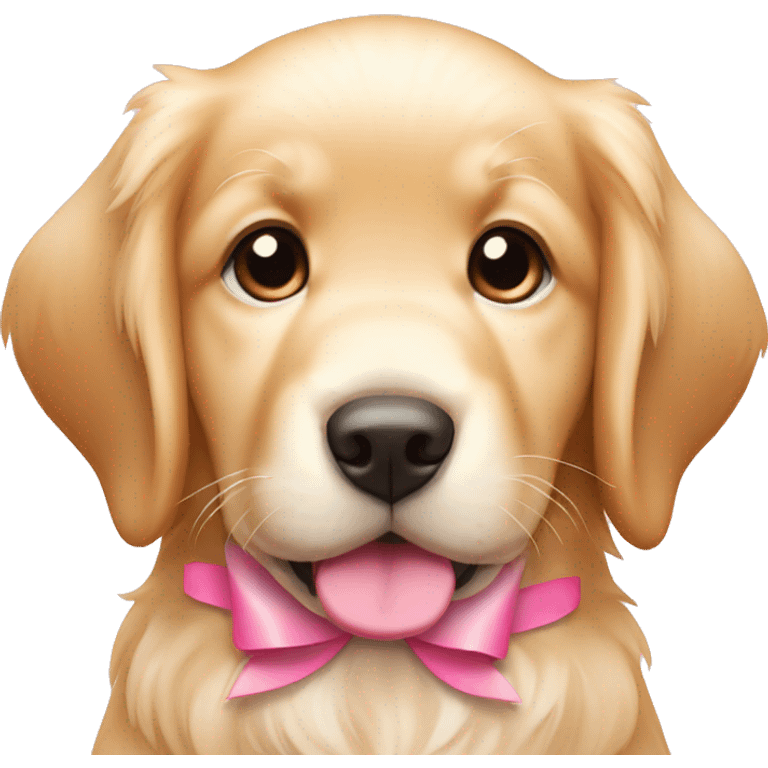 female golden retriever puppy with pink bows on head and ear emoji