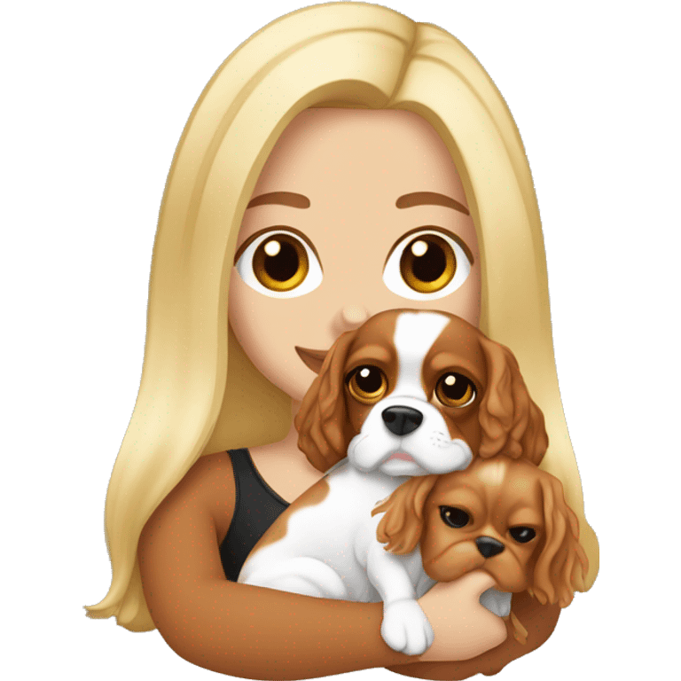 White girl blond hair holding cavalier King Charles  emoji