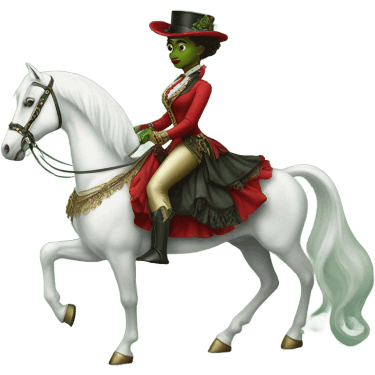 a green amazon alien woman in victorian red on a white horse emoji