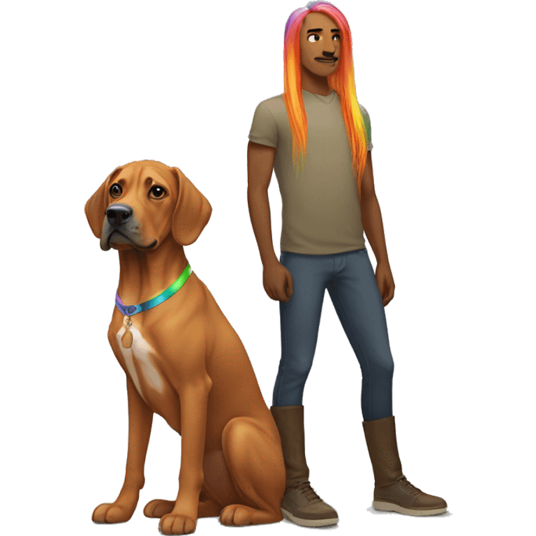 white male with long rainbow colored hair standing alongside a brown rhodesian ridgeback emoji