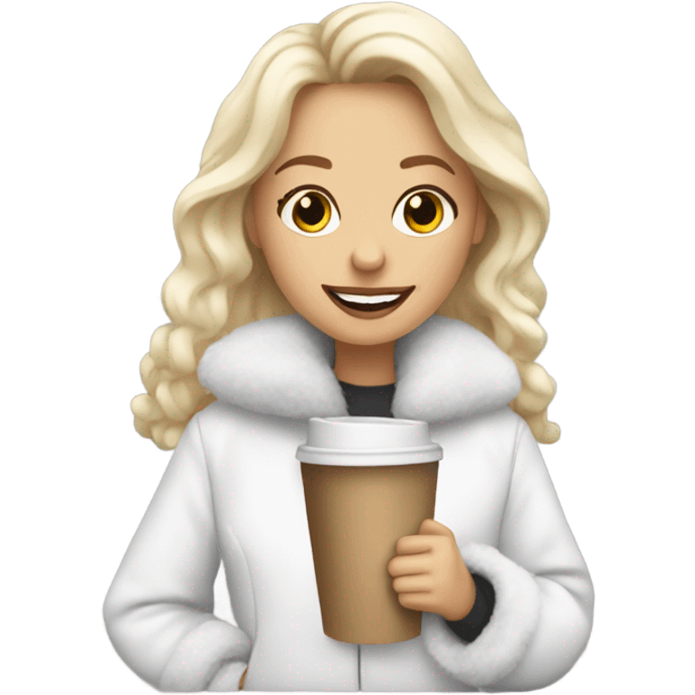 blonde girl wearing white fluffy jacket and a coffee to go in hand all dress white emoji