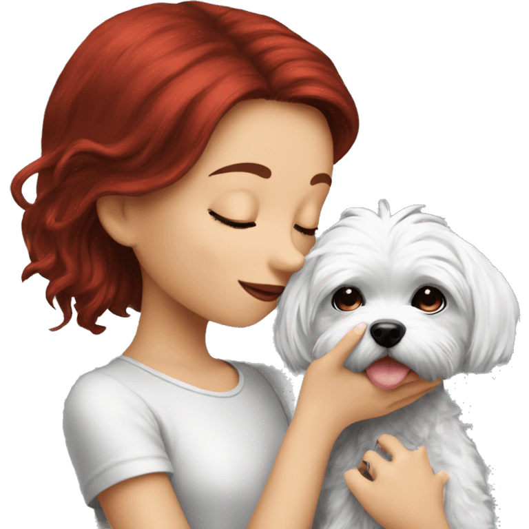 Dark-red-haired girl kiss her Maltese-Black-dog emoji