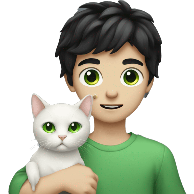 pale boy with black hair holding a cat with green eyes emoji