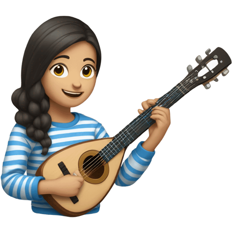 A girl with dark hair and blue eyes in a striped sweatshirt smiles with a balalaika in her hands emoji