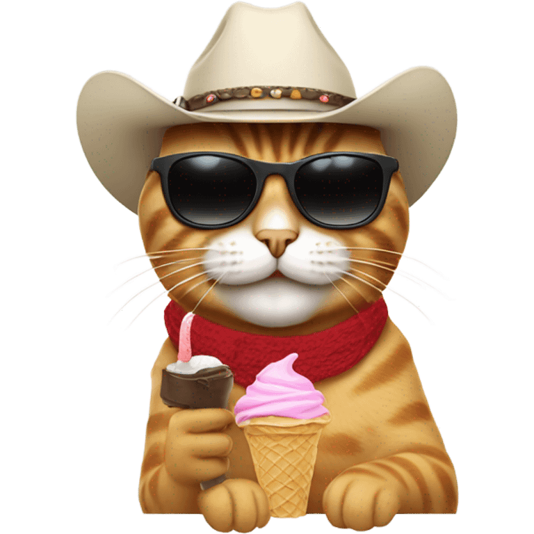 cat eating ice cream while wearing sunglasses with a cowboy hat emoji