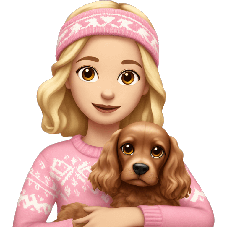 A beautiful blonde girl with brown eyes wearing a pink fair isle jumper and pink headband. She’s holding a brown cocker spaniel in her arms. emoji