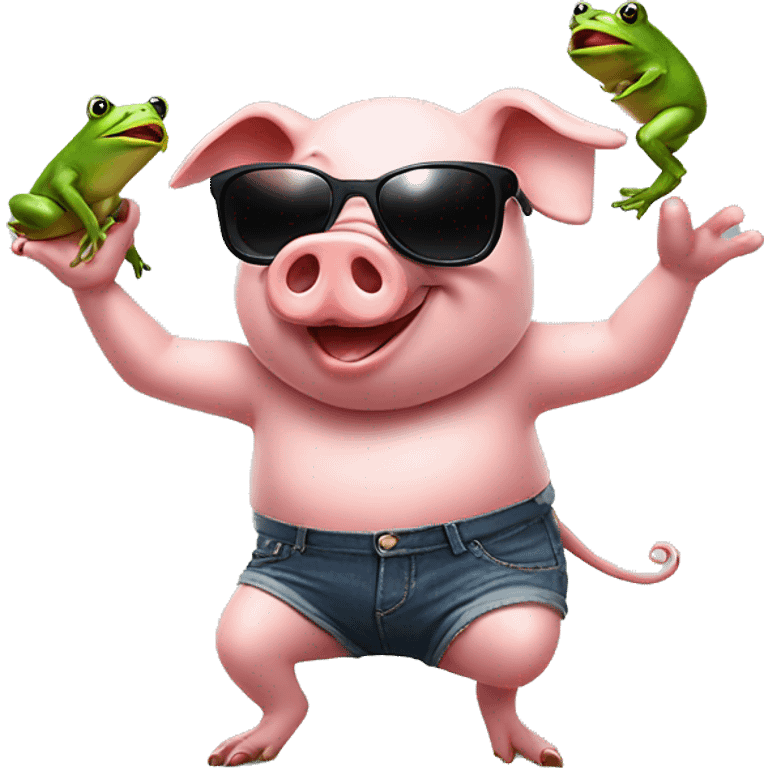 Pig in sunglasses dancing with a frog emoji