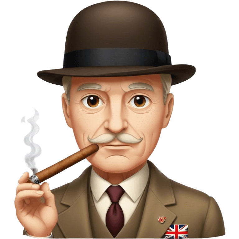 Cinematic Realistic Winston Churchill Portrait Emoji, depicted as a resolute British statesman with a signature bowler hat and a cigar, exuding determined leadership and wartime valor, rendered with lifelike textures and dramatic vintage lighting that captures his iconic British spirit. emoji