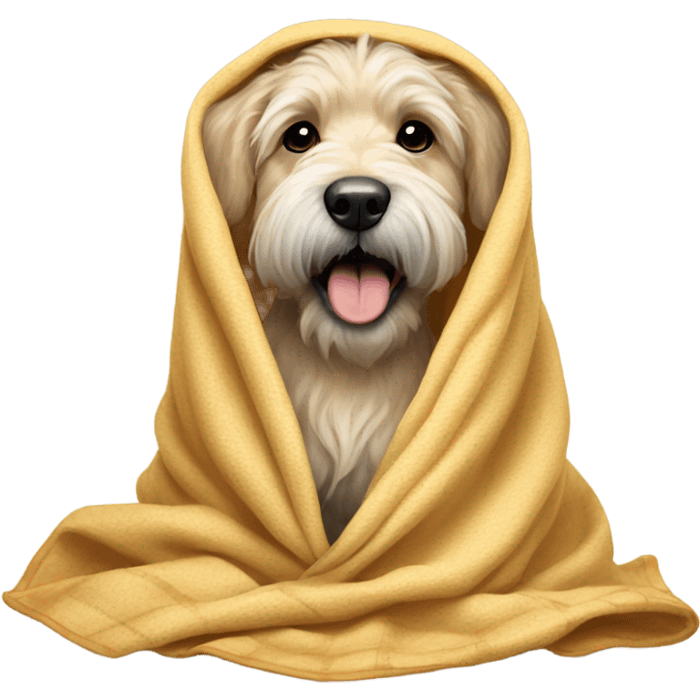 Wheaten dog wrapped in a blanket with its tongue sticking out emoji