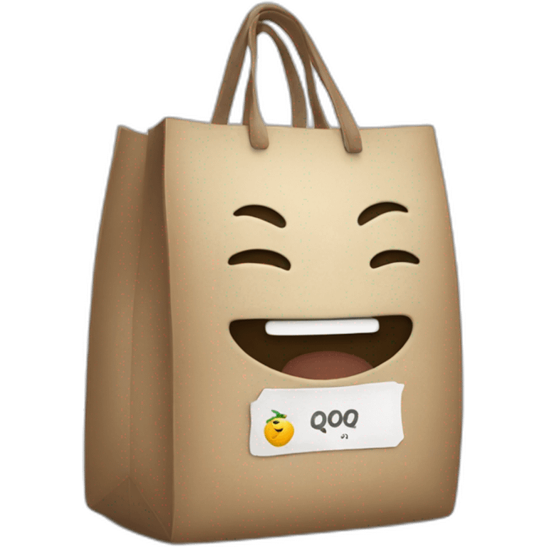 character with bag inscription QOOQ emoji