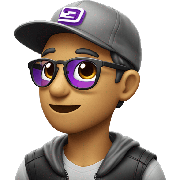 logo ilustrado , estilo emote. chico pelo negro, con gorra de beisbol con el logo de twitch. chamarra gris, con lentes de ver. sosteniendo un corazon enamorado emoji