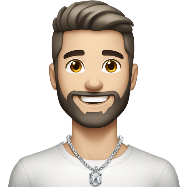 Younger white male with dark brown hair with grey highlights, a beard, and tattoos that is wearing a diamond coated white gold necklace, waving hello emoji