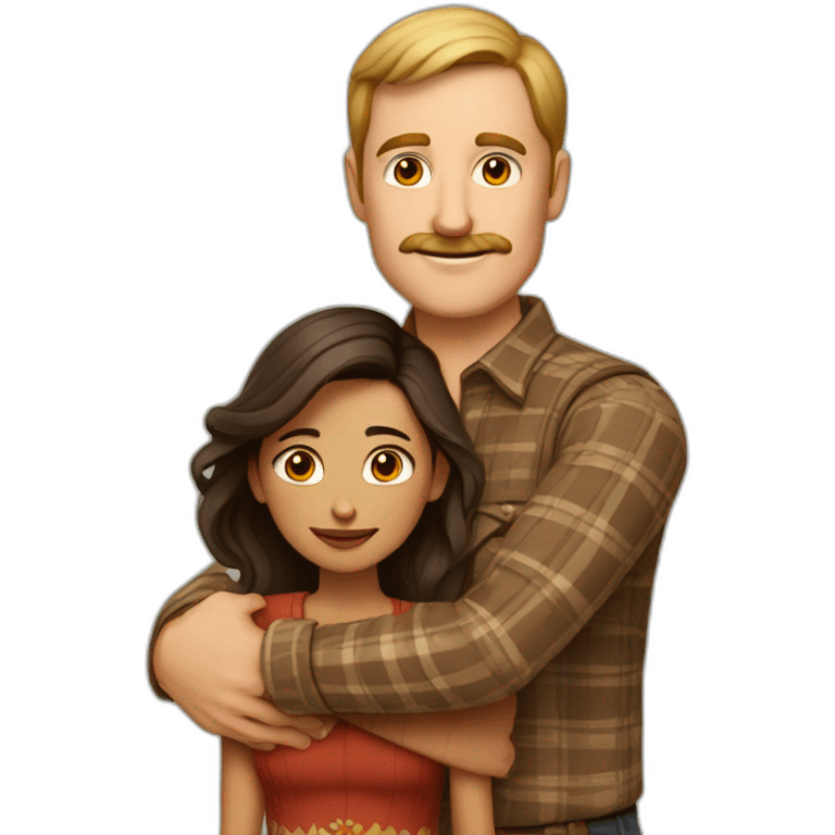 Tall white man with brown hair and a brown mustache wearing plaid hugging a very short Indian woman emoji