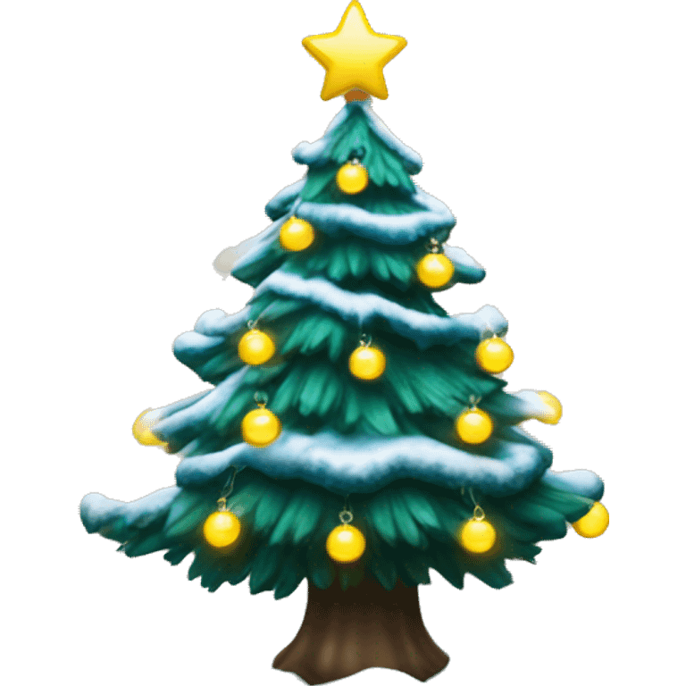 Dark Green Christmas tree with snow on it. blue & white Christmas ornaments on it. Yellow fairy lights. emoji