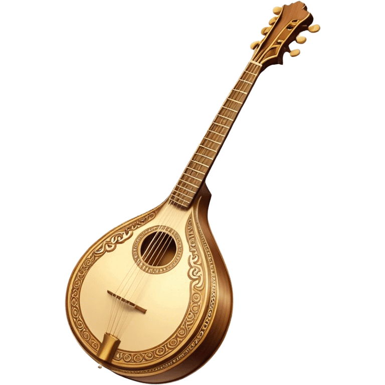 Bouzouki – Cinematic Realistic Bouzouki, depicted as a beautifully crafted Greek string instrument with a long neck and ornate fretwork, its polished wooden body reflecting warm golden light, set on a rustic background with soft shadows that evoke traditional Mediterranean music. emoji