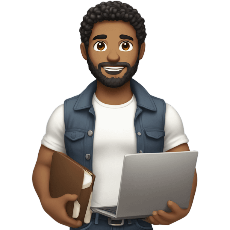 men holding his computer in hands. light brown skin men with curly black hair, dark brown eyes, little grown beard. little bit muscular. dressed casual. round face. emoji