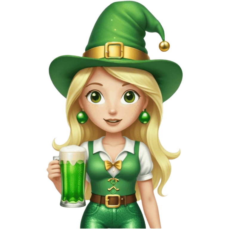 Blonde haired pretty woman with freckles glittery green bell bottoms and tall leprechaun hat holding a green beer emoji