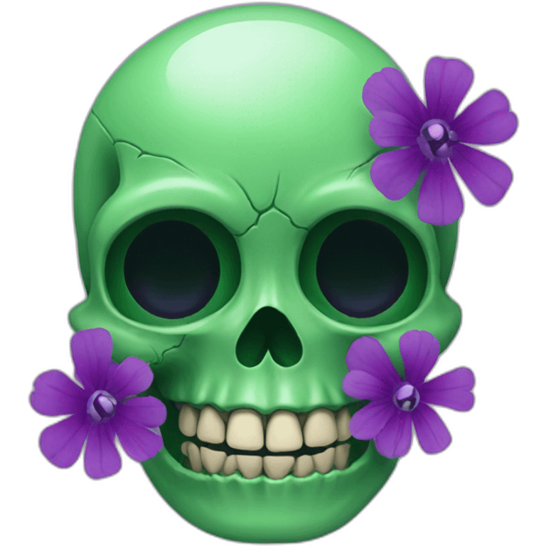 Green skull with purple flower coming out from eye socket emoji