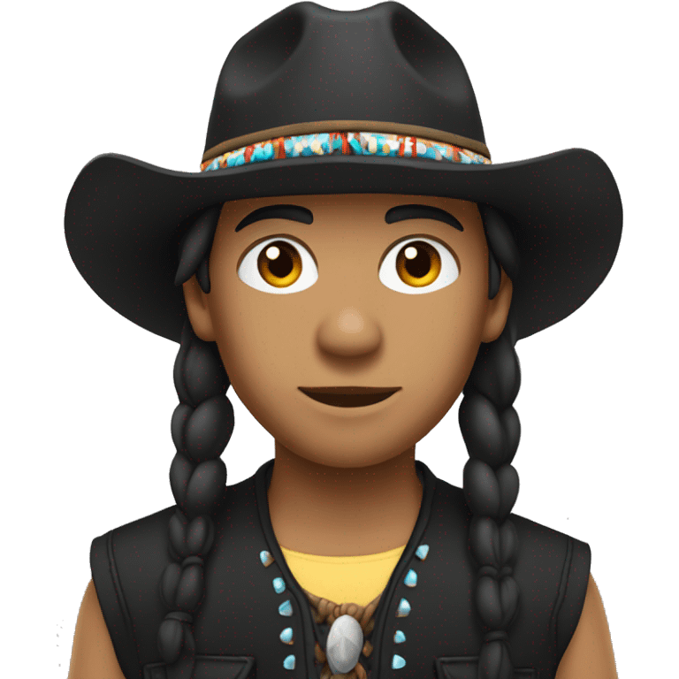 native american with a black bucket hat and a black vest and western shirt emoji