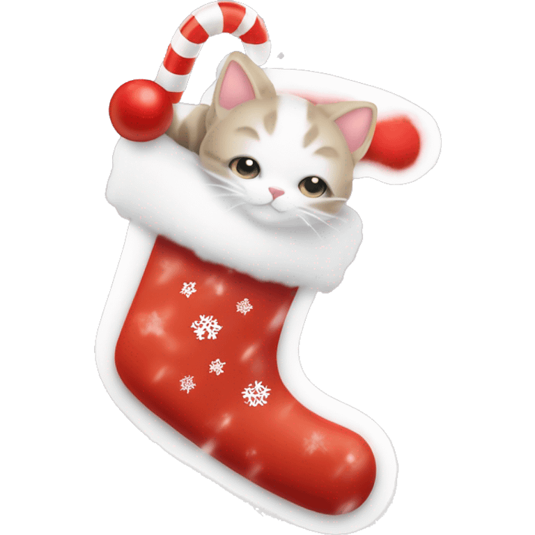 light red stocking with snowflakes on it and a small white cat poking out of the stocking and a candy cane beside the cat emoji