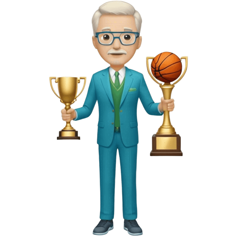 Full Body white aged male medium size wearing glasses with a goatee with light blonde and gray very short hair basketball head Coach in blue and green suit holding trophy emoji