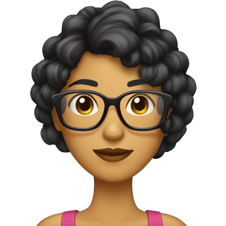 mujer con pelo negro y flequillo y gafas emoji