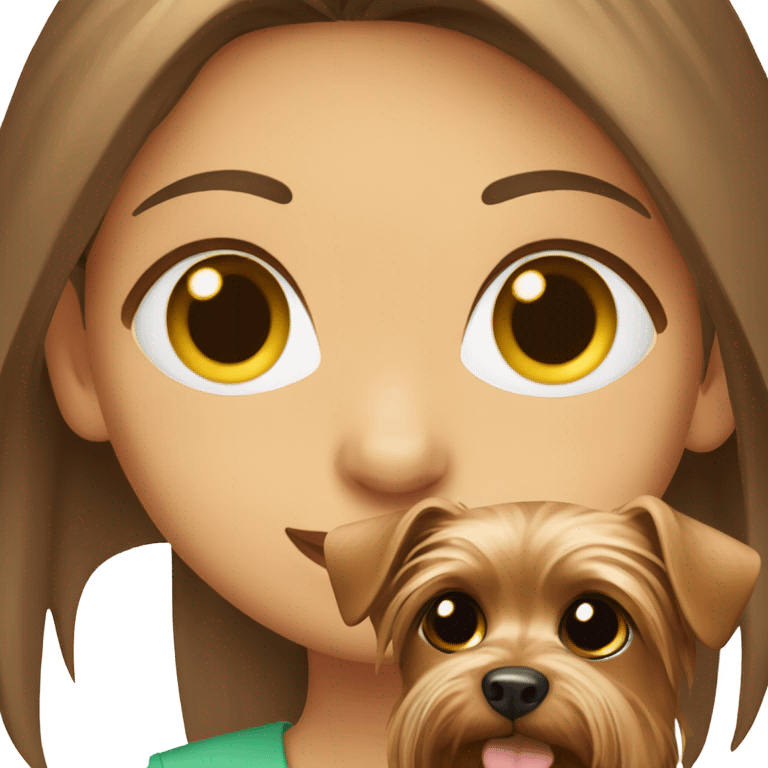 Green eyed girl with brown hair holds Yorkshire Terrier emoji