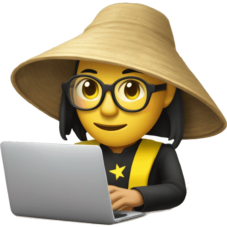 A memoji-style Vietnam man with yellow skin, wear nearsighted glasses, a traditional Vietnamese conical hat , black shirt, sitting at a desk with a cup of coffee, typing on keyboard, laptop with a logo styled as '</>' in front front emoji