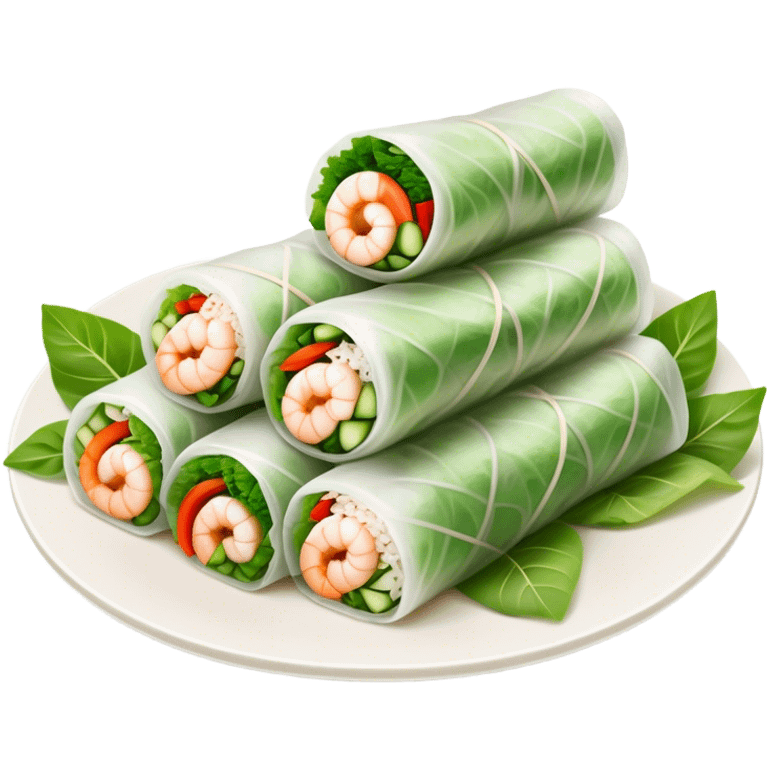 Cinematic Realistic Vietnamese Summer Rolls Dish Emoji, depicted with delicate rice paper wraps filled with fresh vegetables and shrimp rendered with crisp textures and refreshing lighting. emoji