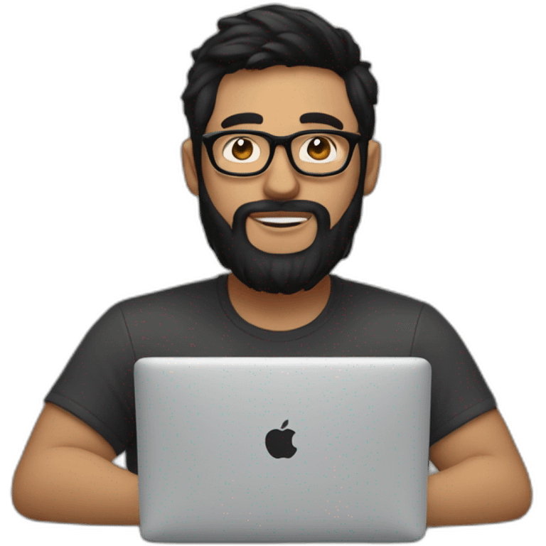 Designer with black hair, beard and glasses working with MacBook and drinking cappuccino  emoji