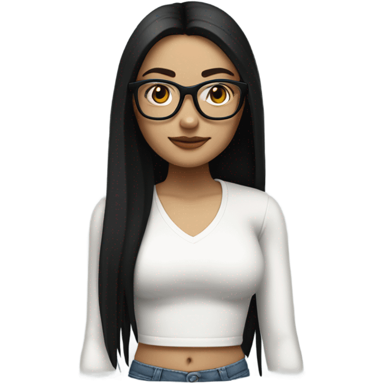 White girl with long straight black hair wearing a white crop top and glasses full body emoji