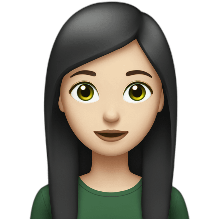 woman with long straight ruby hair, white skin, green eyes, black tshirt emoji