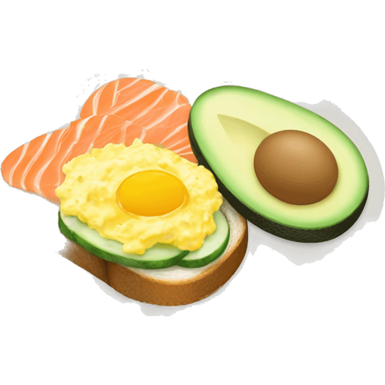 Fancy toast with avocado and scrambled eggs and cucumber and smoked salmon  emoji