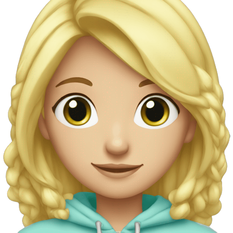 Girl Blonde hair at shoulders, green eyes, sonrisa, light blue hoddie emoji