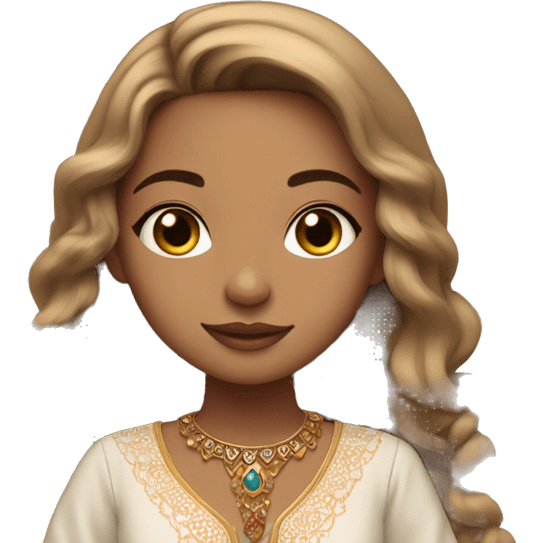 girl with long light brown hair, with a lil bit of makeup she’s standing and she’s wearing a Moroccan traditional dress emoji