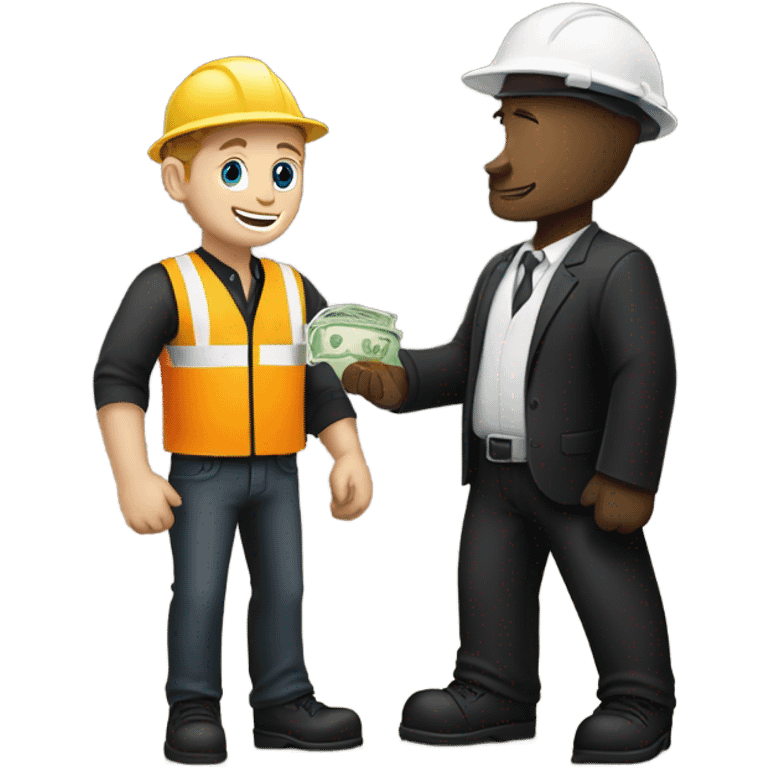 A white guy in a black suit receiving money from a construction worker emoji