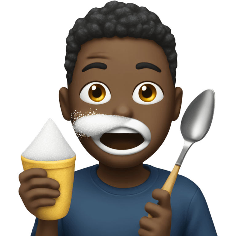 person eating salt and has a spoon full of sugar  with sugar all over their mouth and they’re also holding a lighter emoji