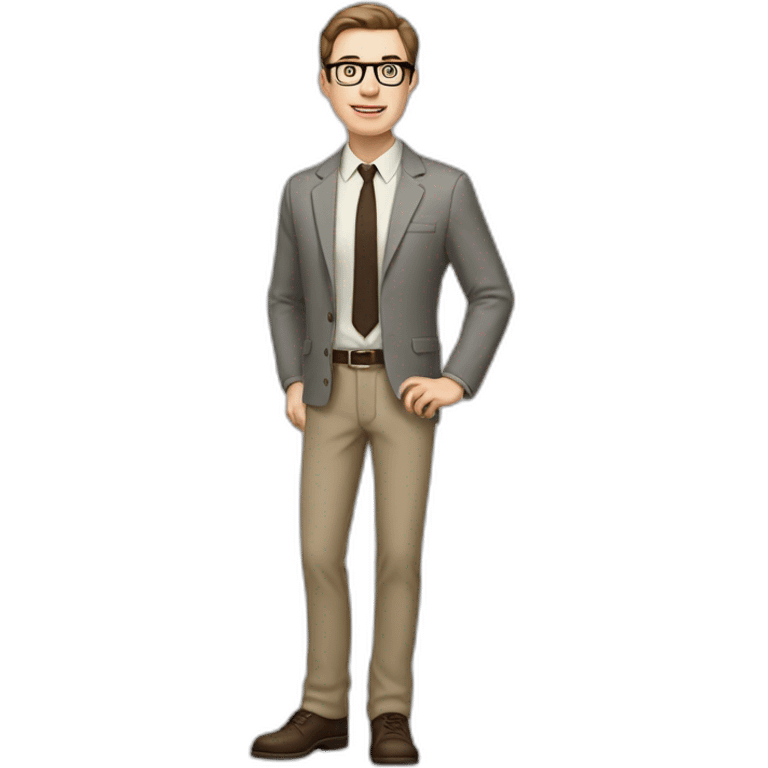 Full height Actively Gesturing Pale skinned fit man with dark brown hair in gray jacket, beige office shirt, brown tie, brown pants and vintage glasses. emoji