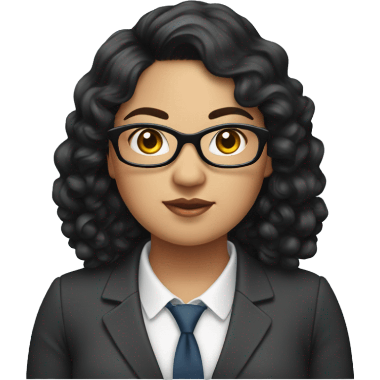 Southeast Asian woman, overweight, dressed in a suit, wearing glasses, black curly hair emoji